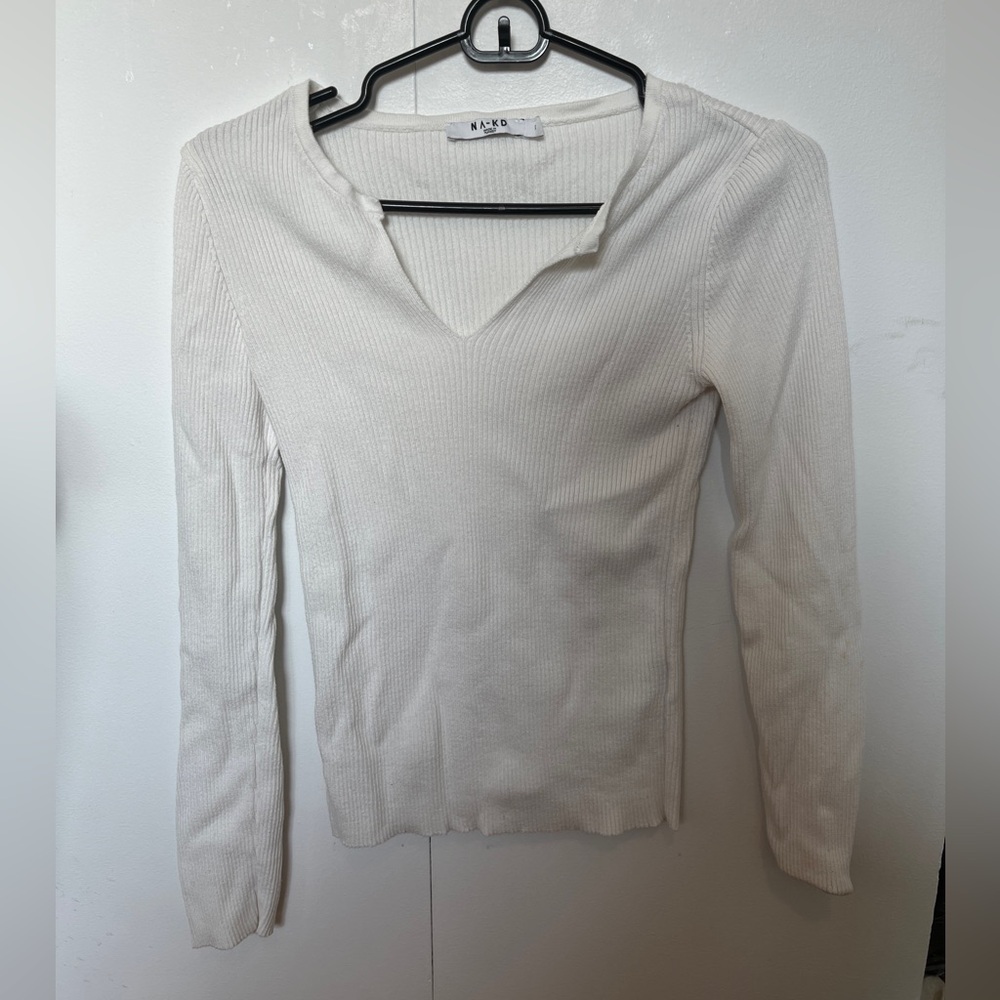 ribbed v neck white long sleeve NAKD